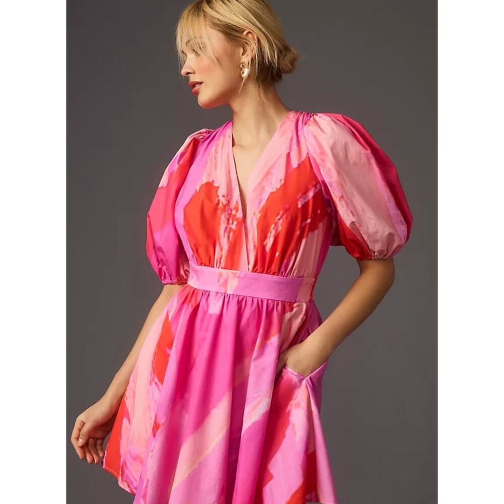 Hutch for Anthropologie Puff Sleeve Mini Dress Size Small Pink Barbiecore Preppy
